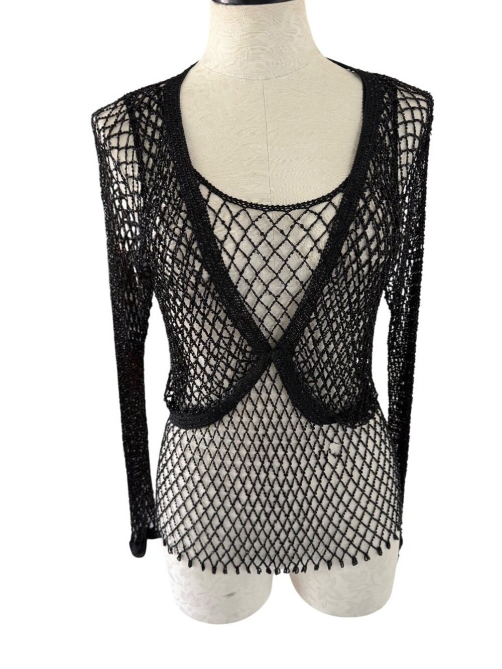 Vintage Womens Crochet Style Sheer Beaded Bolero Tank Set Size Small Black Y2k